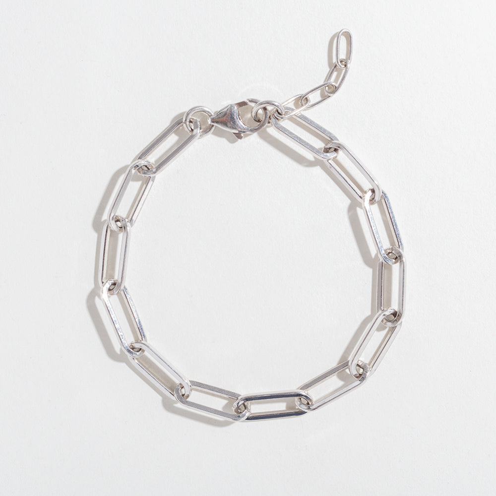 Paperclip bracelet in sterling silver on white background