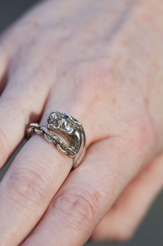 Angela Monaco Jewelry philadelphia vintage panther in chains ring sterling silver and black diamond